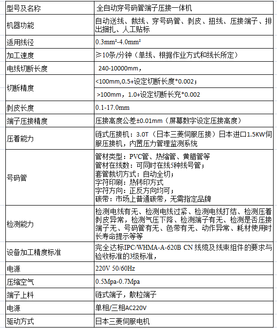 電氣配線設備之全自動套號碼管端子壓接一體機技術參數